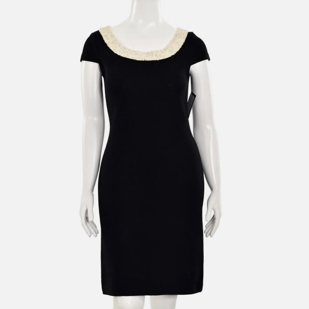 St John Evening - Black Cocktail Dress with Pearl-Embellished Boat Neck Collar